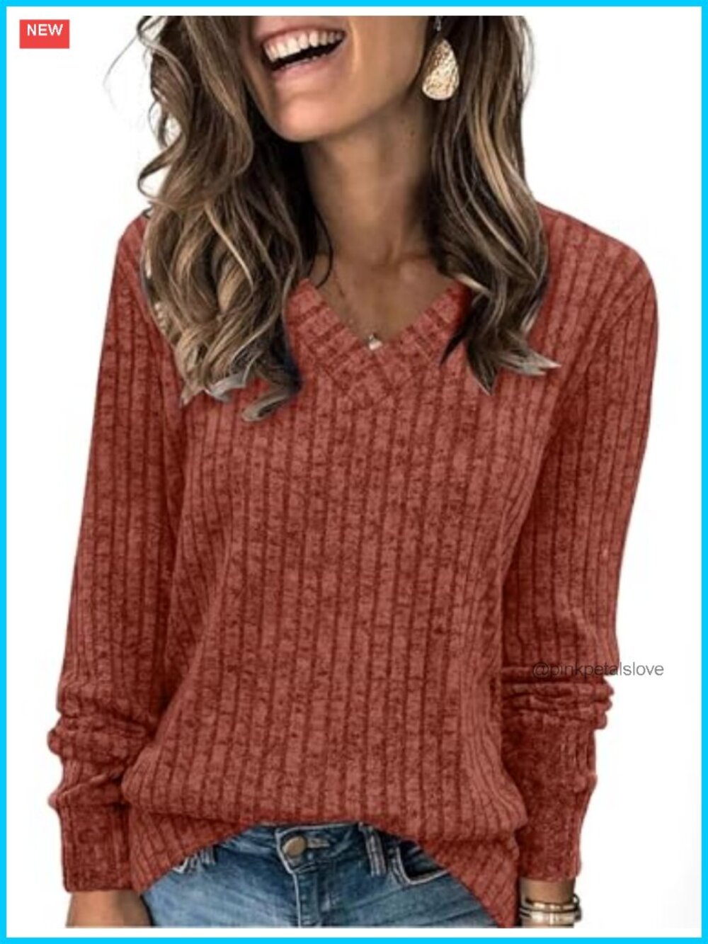 V Neck Long Sleeve Tunic Sweater Loose Fit Casual Tops for Women